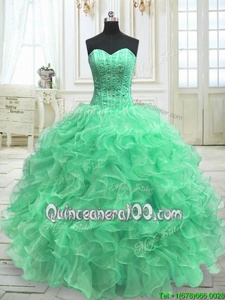 Comfortable Sweetheart Sleeveless Ball Gown Prom Dress Floor Length Beading and Ruffles Green Organza