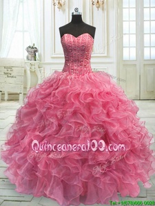 Fine Sleeveless Floor Length Beading and Ruffles Lace Up Sweet 16 Dress with Watermelon Red