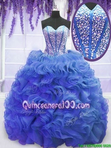 Suitable Royal Blue Ball Gowns Beading and Ruffles Quinceanera Dress Lace Up Organza Sleeveless