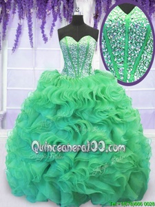 Lovely Sleeveless With Train Beading and Ruffles Lace Up Sweet 16 Quinceanera Dress with Turquoise Brush Train