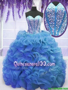 Great Sweetheart Sleeveless Quinceanera Gowns Sweep Train Beading and Ruffles Baby Blue Organza