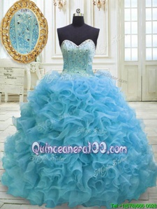 Baby Blue Sleeveless Beading and Sequins Lace Up Sweet 16 Dress