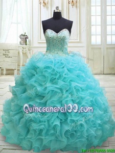Trendy Sleeveless Sweep Train Beading and Ruffles Lace Up 15 Quinceanera Dress