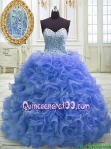 Sleeveless Organza Sweep Train Lace Up Quinceanera Dress inBlue forSummer and Fall and Winter withBeading and Ruffles