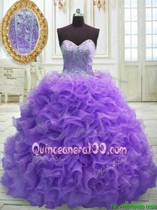 Fabulous Purple Organza Lace Up Sweetheart Sleeveless Quince Ball Gowns Sweep Train Beading and Ruffles