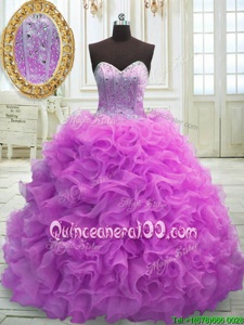 Smart Lilac Lace Up Sweetheart Beading and Ruffles 15 Quinceanera Dress Organza Sleeveless Sweep Train