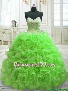 Perfect Spring Green Quinceanera Gowns Organza Sweep Train Sleeveless Spring and Summer and Fall and Winter Beading and Ruffles