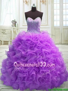 Fitting Purple Ball Gowns Sweetheart Sleeveless Organza Sweep Train Lace Up Beading and Ruffles Quinceanera Gown
