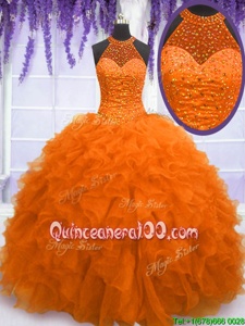 Customized Floor Length Ball Gowns Sleeveless Orange Ball Gown Prom Dress Lace Up