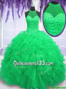 Noble Spring Green Quinceanera Dresses Military Ball and Sweet 16 and Quinceanera and For withBeading and Ruffles High-neck Sleeveless Lace Up