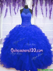 High Class Royal Blue High-neck Lace Up Beading and Ruffles and Sequins Sweet 16 Dresses Sleeveless