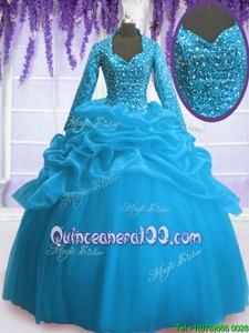 Hot Sale Baby Blue Long Sleeves Sequins and Pick Ups Floor Length Quinceanera Dresses