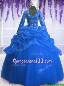 Fantastic Blue Long Sleeves Floor Length Sequins and Pick Ups Zipper 15th Birthday Dress