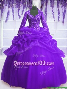 Sequins Pick Ups Ball Gowns Quince Ball Gowns Purple V-neck Organza Long Sleeves Floor Length Zipper