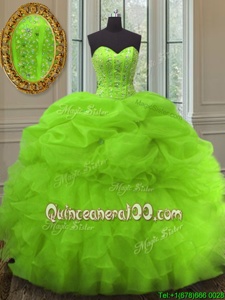 Noble Spring Green Sleeveless Floor Length Beading and Ruffles and Pick Ups Lace Up Vestidos de Quinceanera