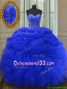 Charming Sweetheart Sleeveless Quinceanera Gowns Floor Length Beading and Ruffles and Pick Ups Royal Blue Organza