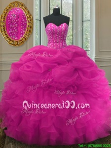 Extravagant Spring and Summer and Fall and Winter Organza Sleeveless Floor Length Quince Ball Gowns andBeading and Ruffles and Pick Ups