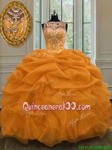 Custom Designed Organza Scoop Sleeveless Lace Up Beading and Pick Ups Quinceanera Dresses inGold