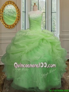 Dramatic Yellow Green Ball Gowns Embroidery and Pick Ups Quinceanera Dress Lace Up Organza Sleeveless Floor Length