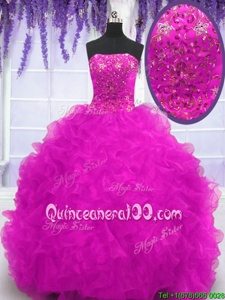 Decent Fuchsia Organza Lace Up Sweet 16 Quinceanera Dress Sleeveless With Brush Train Beading and Appliques and Ruffles