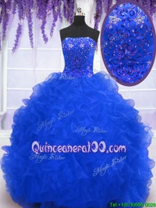 Vintage Royal Blue Organza Lace Up Strapless Sleeveless With Train Quinceanera Dresses Brush Train Beading and Ruffles