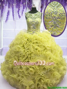 Cheap Scoop Beading and Ruffles Quinceanera Gown Yellow Lace Up Sleeveless Floor Length