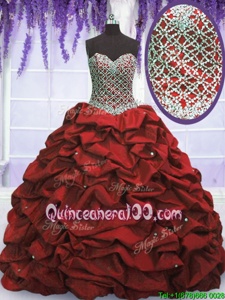 Artistic Sequins Pick Ups Ball Gowns Vestidos de Quinceanera Wine Red Sweetheart Taffeta Sleeveless Floor Length Lace Up