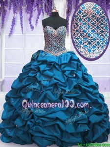 Custom Designed Blue Taffeta Lace Up Sweetheart Sleeveless Floor Length 15th Birthday Dress Beading and Sequins and Pick Ups
