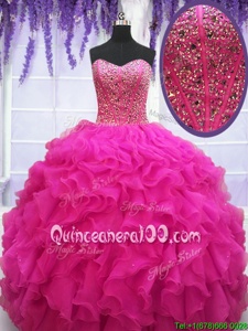 Eye-catching Fuchsia Ball Gowns Organza Sweetheart Sleeveless Beading and Ruffles Floor Length Lace Up Quinceanera Gowns