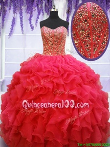 Best Coral Red Sweetheart Neckline Beading and Ruffles Quinceanera Dresses Sleeveless Lace Up