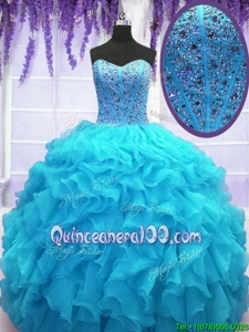 Super Sweetheart Sleeveless Organza Ball Gown Prom Dress Beading and Ruffles Lace Up