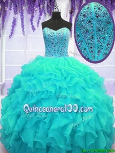 Custom Design Aqua Blue Sleeveless Floor Length Beading and Ruffles Lace Up 15 Quinceanera Dress