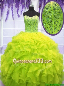Elegant Yellow Green Ball Gowns Sweetheart Sleeveless Organza Floor Length Lace Up Beading and Ruffles Quinceanera Gown