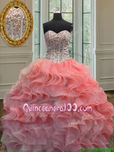 Modest Watermelon Red and Peach Sleeveless Organza Lace Up Sweet 16 Dress forMilitary Ball and Sweet 16 and Quinceanera