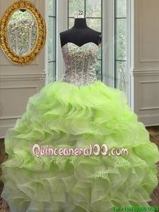 Classical Yellow Green Sleeveless Beading and Ruffles Floor Length Quince Ball Gowns