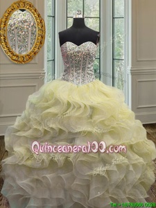 Captivating Sleeveless Floor Length Beading and Ruffles Lace Up Sweet 16 Dresses with Light Yellow