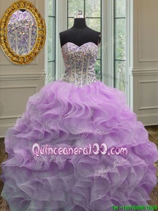 Fitting Ball Gowns Quinceanera Dress Lilac Sweetheart Organza Sleeveless Floor Length Lace Up