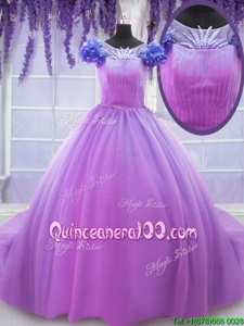 Elegant Floor Length Lilac Sweet 16 Dress Scoop Short Sleeves Lace Up