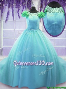 Modest Scoop Blue Tulle Lace Up Sweet 16 Quinceanera Dress Short Sleeves Court Train Hand Made Flower