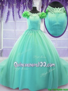 Sweet Turquoise Scoop Neckline Hand Made Flower Quinceanera Dress Short Sleeves Lace Up