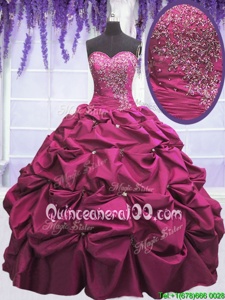 Dramatic Taffeta Sweetheart Sleeveless Lace Up Beading and Appliques and Pick Ups Quince Ball Gowns inFuchsia