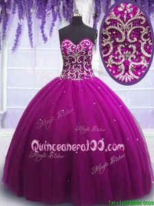 Fantastic Fuchsia Ball Gowns Tulle Sweetheart Sleeveless Beading Floor Length Lace Up Sweet 16 Dress