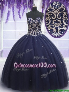 Modern Navy Blue Ball Gowns Sweetheart Sleeveless Tulle Floor Length Lace Up Beading Quinceanera Dresses