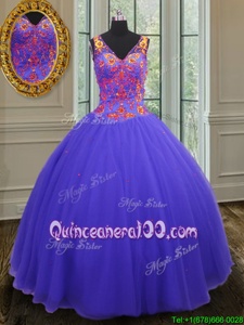 Inexpensive V-neck Sleeveless Zipper Ball Gown Prom Dress Purple Tulle