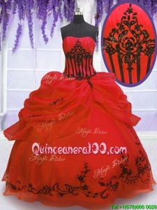 Artistic Red Lace Up Quinceanera Gown Embroidery and Pick Ups Sleeveless Floor Length