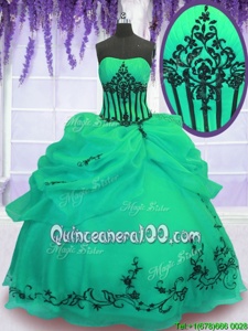 Green Ball Gowns Strapless Sleeveless Organza Floor Length Lace Up Embroidery Quinceanera Dresses