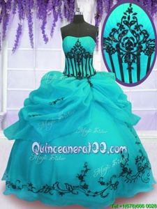 Flare Strapless Sleeveless 15th Birthday Dress Floor Length Embroidery Turquoise Organza