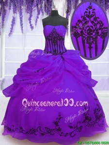Adorable Purple Strapless Lace Up Embroidery Quince Ball Gowns Sleeveless