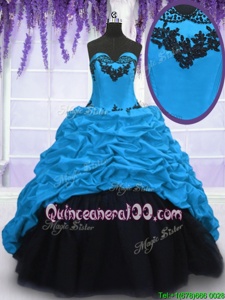 Stylish Sweetheart Sleeveless Taffeta Quinceanera Gowns Appliques and Pick Ups Sweep Train Lace Up