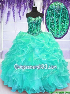 Latest Turquoise Sleeveless Floor Length Beading and Ruffles Lace Up Vestidos de Quinceanera